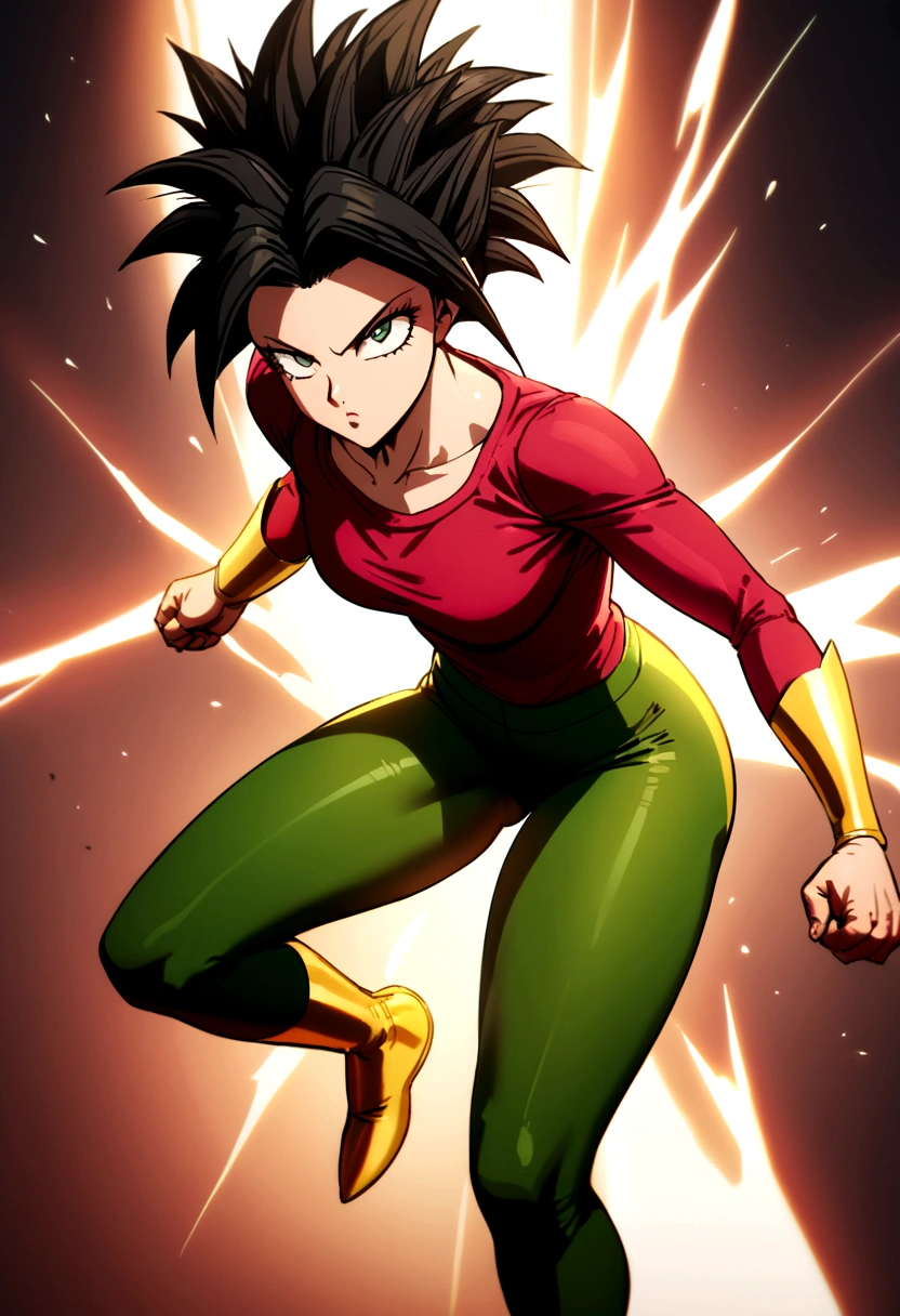 Kefla with black hair up, with red top and leggings, One punch man style