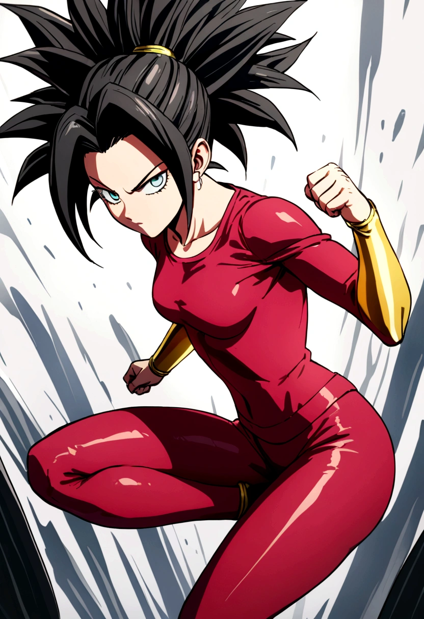 Kefla with black hair up, with red top and leggings, One punch man style