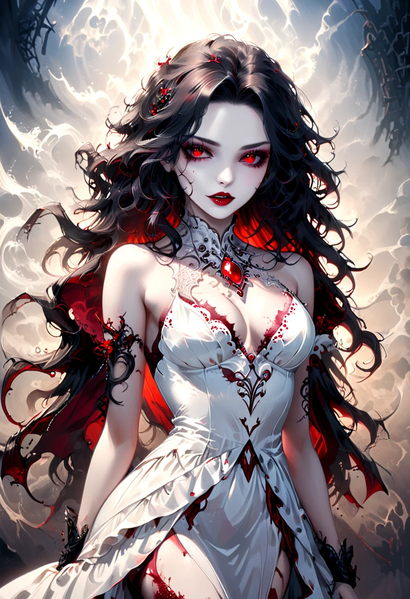 Arafed, dark fantasy art, goth art, a beautiful female vampire wearing a white evening dress stained with blood, an extremely beautiful female vampire, ultra detailed face, black hair, long hair, wavy hair, dark glamour make up, pale skin, red lips, glowing red eyes, visible vampiric fangs, she wears a ((white evening dress: 1.5)), elegant, intricate detailed dress, silk dress, small cleavage, ((dress is decorated with gems: 1.4)), she wears elegant knee high heeled boots, exquisite knee high heeled boots, there are stains of blood on the upper part of the dress, Bloodborne