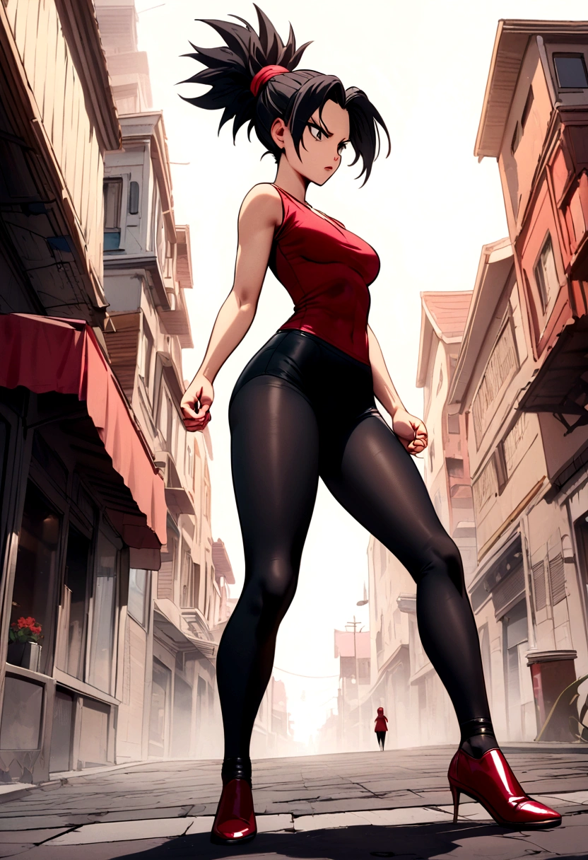 Kefla with black hair up, with red top and leggings, One punch man style