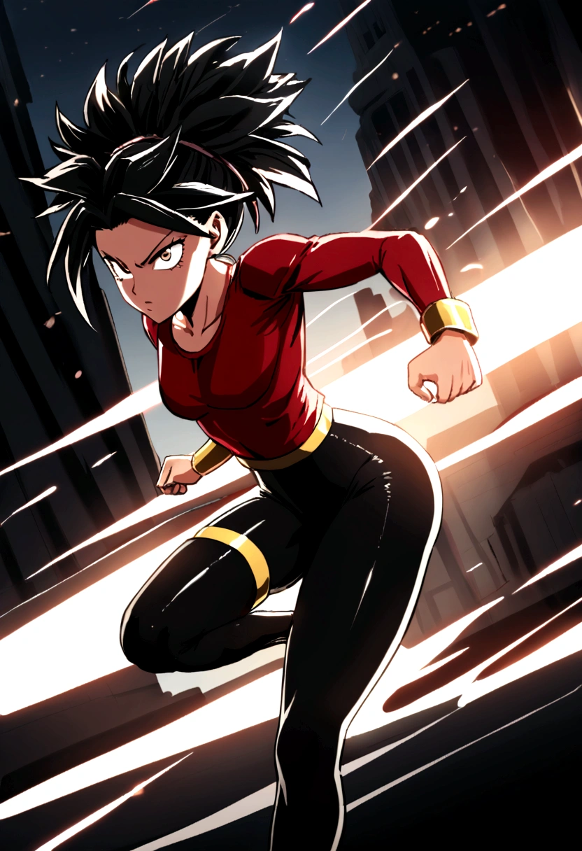 Kefla with black hair up, with red top and leggings, One punch man style