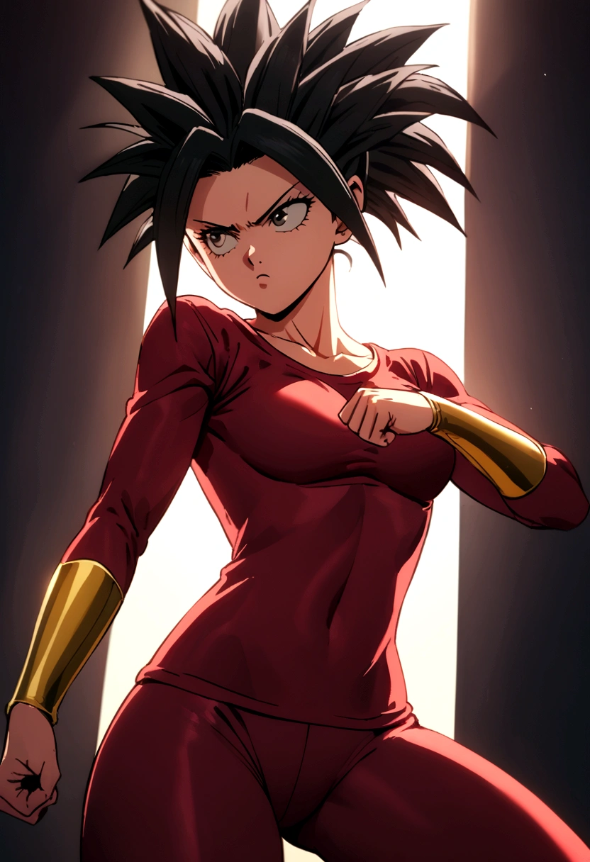 Kefla with black hair up, with red top and leggings, One punch man style