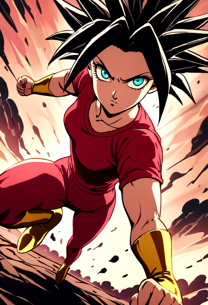 Kefla with black hair up, with red top and leggings, One punch man style