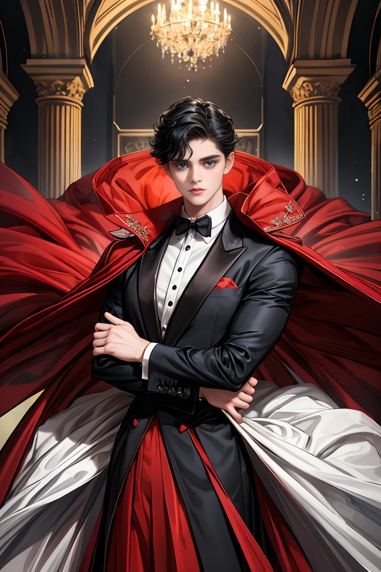 
masterpiece, 最high quality, high quality, 1 boy, alone, Male focus, Watching the audience,  Messy black hair, Adorable big blue eyes, White people, Noble, Noble,Sexy voluminous black and red cape、Tuxedo、A very voluminous, large, very large, very large, long, long red and black cape with a high stand-up collar, reaching down to the floor, made of a lot of fabric., 17 years old,Cute beautiful boys,Cute, cute, kind, handsome guy