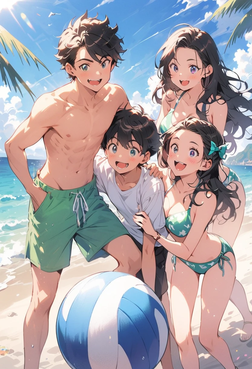 sleeve cape, boys and girls, manga style, beachfront, bikinis, having fun at sea, voleyball na beachfront