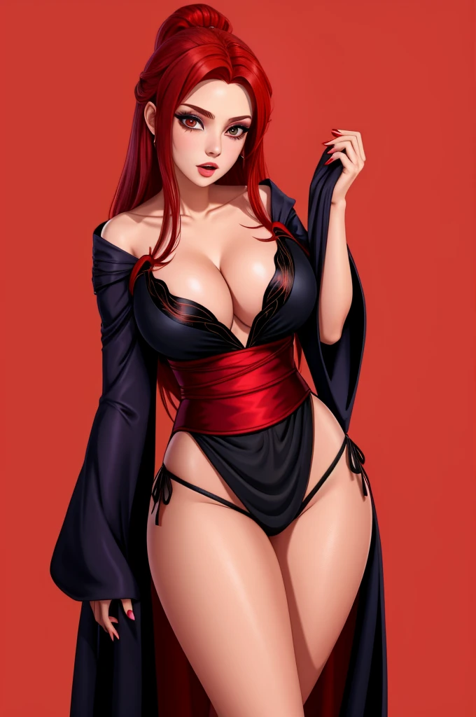 sorceress. sexy see-though robe, black panties, red hair, blank background