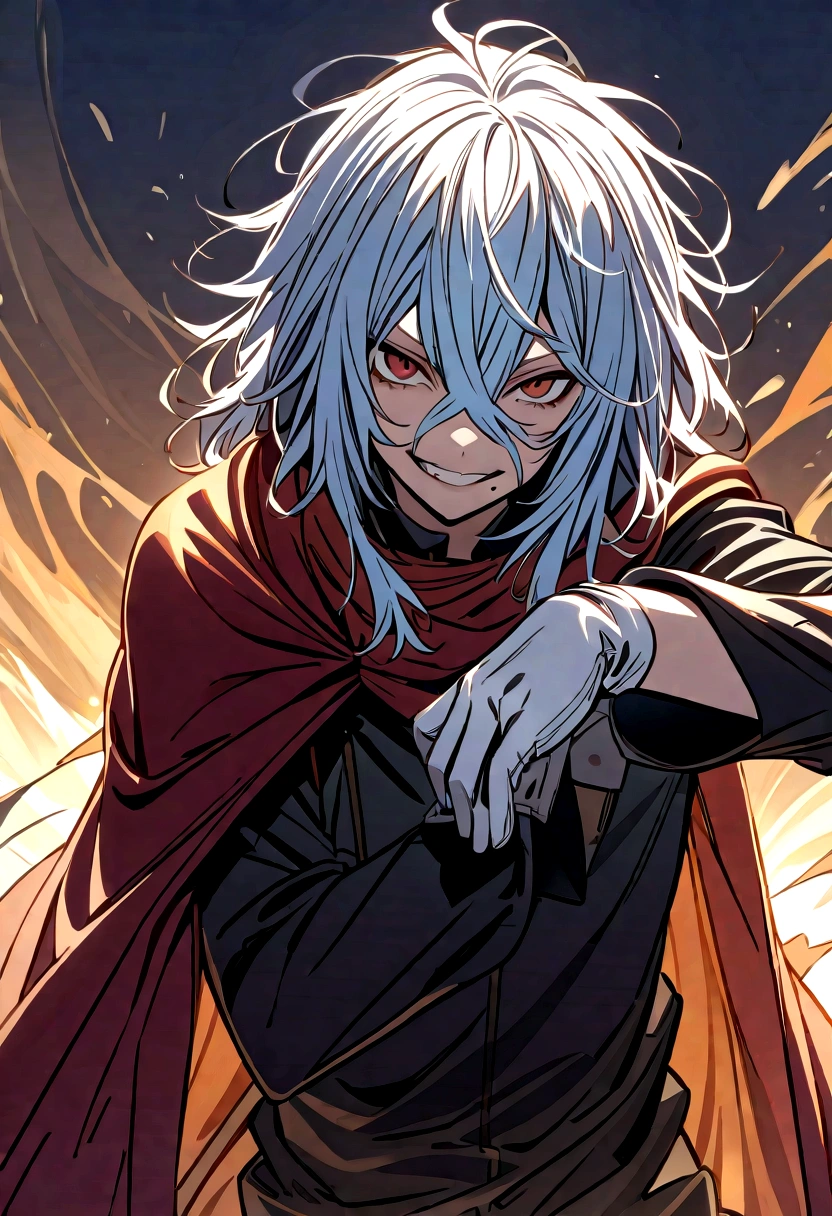 tomura_shigaraki, blue hair, red eyes, bangs, hair between eyes, scar, scar on face
tomura_shigaraki, blue hair, bangs, hair between eyes, scar, scar on face, gloves, white gloves, disembodied limb, covering face
tomura_shigaraki, white hair, red eyes, messy hair, gloves, red cape
tomura_shigaraki, white hair, red eyes, long hair, messy hair, cloak, cape
teeth
smile
grin
mole under mouth