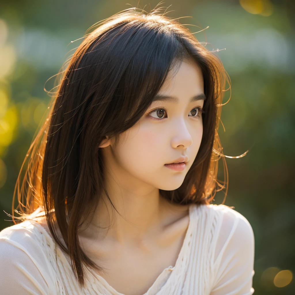 a beautiful innocent teenage Asian/South Korean girl, kinda full figure, detailed face, long dark hair, warm lighting, photorealistic, masterpiece, 8k, high quality, ultra-detailed, realistic, intricate details, warm colors, soft focus, natural skin tones, delicate features, expressive eyes, glossy lips, flawless complexion, elegant pose, dynamic composition, cinematic lighting, atmospheric background, 18 or 20 years old. 