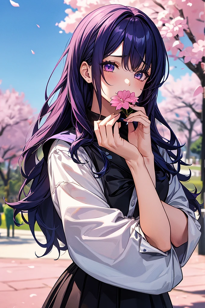 1girl, holding up a sapphire blue flower over her mouth, black pink hair ombre, park with cherry blossom background, harajuku style fashion