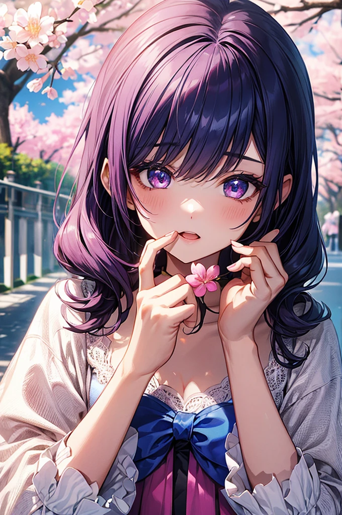 1girl, holding up a sapphire blue flower over her mouth, black pink hair ombre, park with cherry blossom background, harajuku style fashion