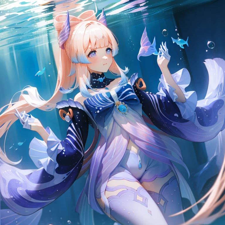 "A cute girl, purple-blue eyes, light pink hair tied up, blue kimono, underwater environment, schools of fish swimming around, air bubbles, light, masterpiece, quality picture tall, (full HD 4K+ wallpaper)."