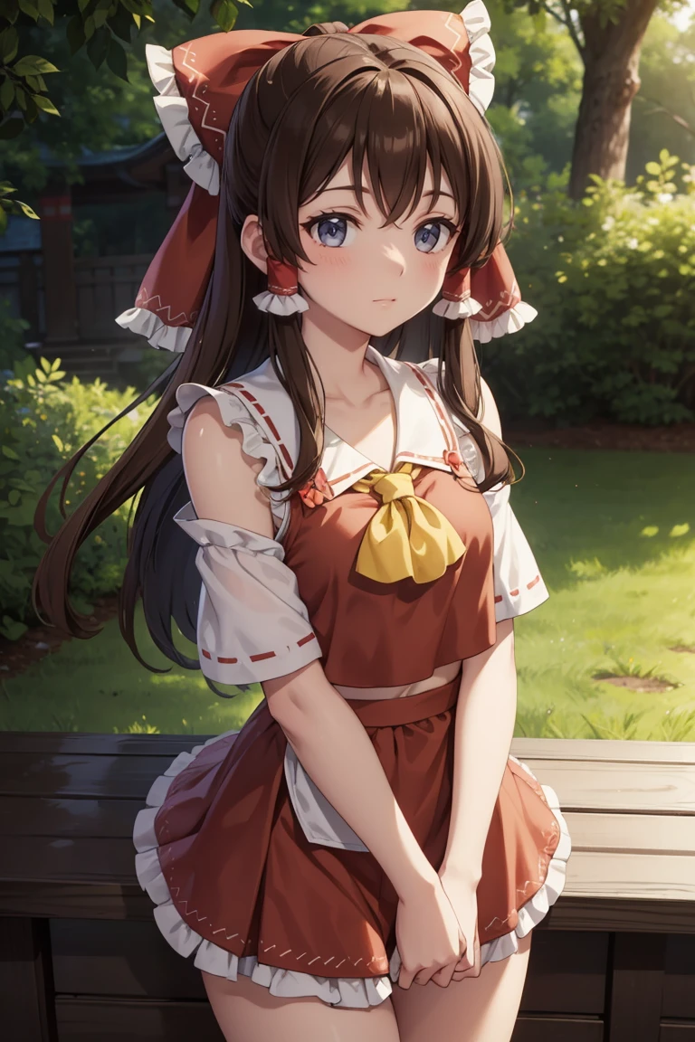 Reimu Hakurei, (Brown eyes:1.5), Brown Hair, bow, hair bow, Hair Tube, Long Hair, red bow, Side Lock,
Blake Ascot, Cute Bra、Cute Panties、
BREAK Watch Viewers,blush、Surprise face、
Outdoor rest, shrine,Cowboy Shot,Smile Break (masterpiece:1.2), Highest quality, High resolution, unity 8k wallpaper, (figure:0.8), (Beautiful attention to detail), Highly detailed face, Perfect lighting, Highly detailed CG, (Perfect hands, Perfect Anatomy),Dynamic pose,