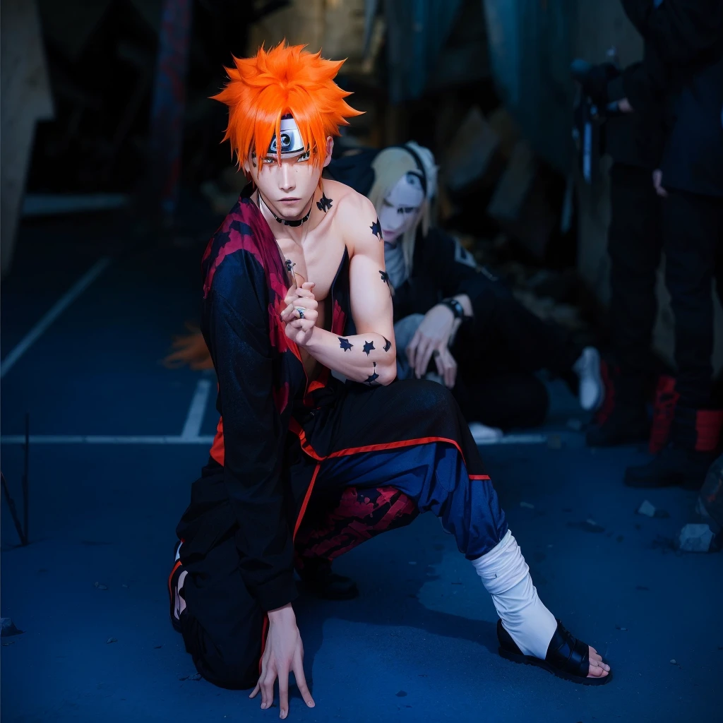 anime role play with orange hair and a black outfit posing for a picture, anime role play, pain From Naruto, role play photo, role player, professional role play, The Joker as Naruto, Ichigo kurosaki, role play, hot topic Comic-Con, Anime Characters; Full body art, Ichigo, From Naruto, full-role play, Comic-Con, Anime Characters, Badass Pose,The environment has stones,There are small stones in the air,Collapsed house with wooden surroundings