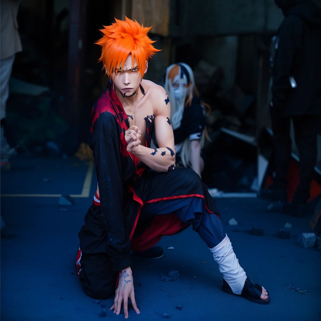anime role play with orange hair and a black outfit posing for a picture, anime role play, pain From Naruto, role play photo, role player, professional role play, The Joker as Naruto, Ichigo kurosaki, role play, hot topic Comic-Con, Anime Characters; Full body art, Ichigo, From Naruto, full-role play, Comic-Con, Anime Characters, Badass Pose，The environment has stones，There are small stones in the air，Collapsed house with wooden surroundings