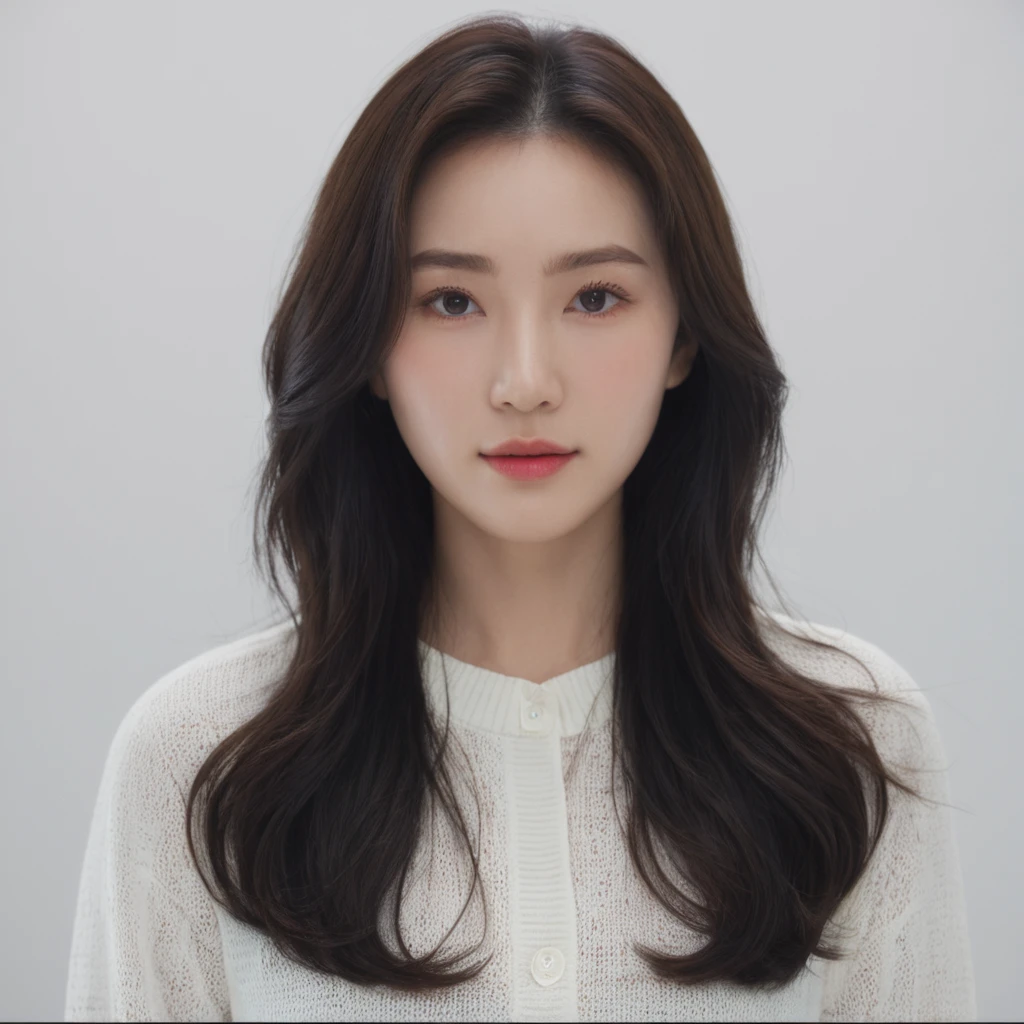 Best Quality, 8k, Masterpiece, (Portrait: 1.3), (photo realistic:1.4), (hyper realistic:1.4), Sharp Focus, looking at viewer, (smoother lighting:1.1), (increase cinematic lighting quality:0.9), realistic lighting, backlighting, light on face, ray trace, (brightening light:1.2), (Increase quality:1.4), sharp detail, (best quality real texture skin:1.4), finely detailed eyes, black_eyes, finely detailed face, 25 year old Korean woman, (white formal_shirt:1.4), (Create an image maintaining the original base model hairstyle:1.5)