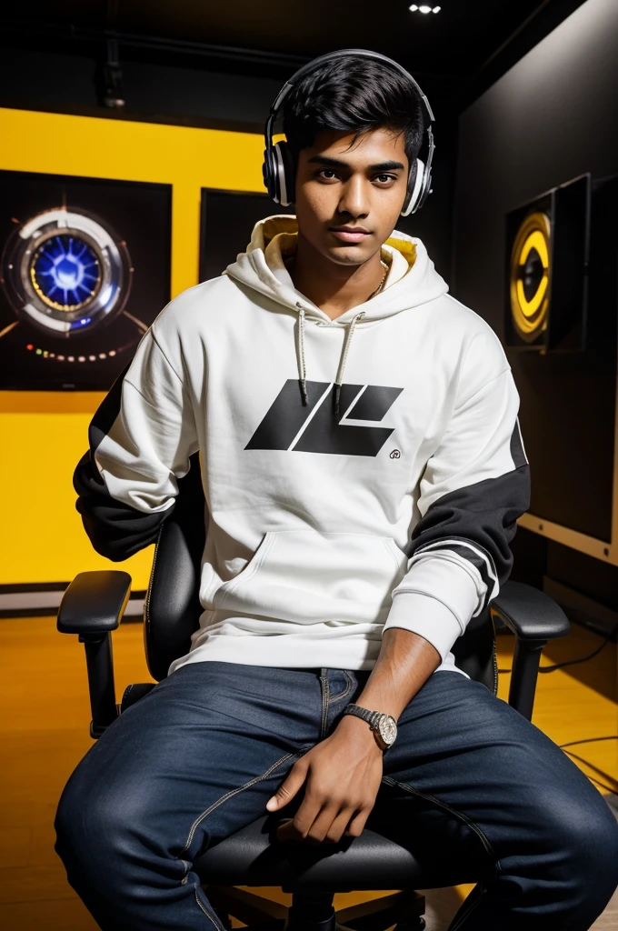 The 19-year-old dedicated Indian boy is looking forward and sitting on a black gaming chair with yellow highlights, wearing a modern white hoodie. Oh, he is in a big studio, wearing headphones, with a setup full studio