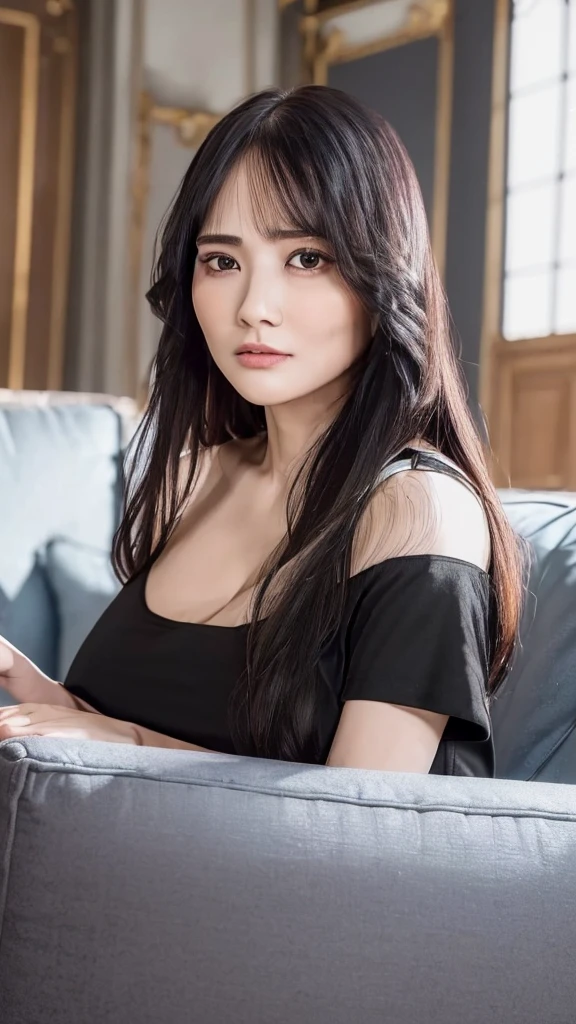 ((Best Quality, 8K, Masterpiece: 1.3)), Focus: 1.2, (Movie Filter: 1.3) Perfect Body Beauty: 1.4, Buttocks: 1.2, (Layered Haircut: 1.2)), , (Sitting on the Sofa: 1.3), Realistic Face and Skin Texture, Full Body, Fine Eyes, Double Eyelids, Long Hair, (Round Face: 1.5), (Black Top: 1.6), Cleavage,