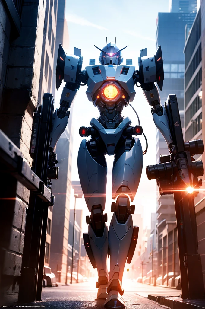 a highly detailed and complex mech robot, standing tall in a futuristic city, armed with an impressive cannon and other advanced weaponry, ultra-realistic 8k resolution, masterpiece quality, intricate mechanical design, glowing energy effects, dramatic lighting, cinematic composition