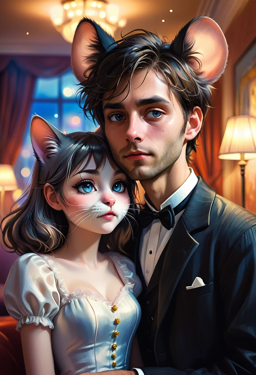 Renoir style , Hallucination, daydream , nightmare , Insane Dream , bokeh , romance , realistic mouse girl and realistic cat man , realistic nose , hotel lounge