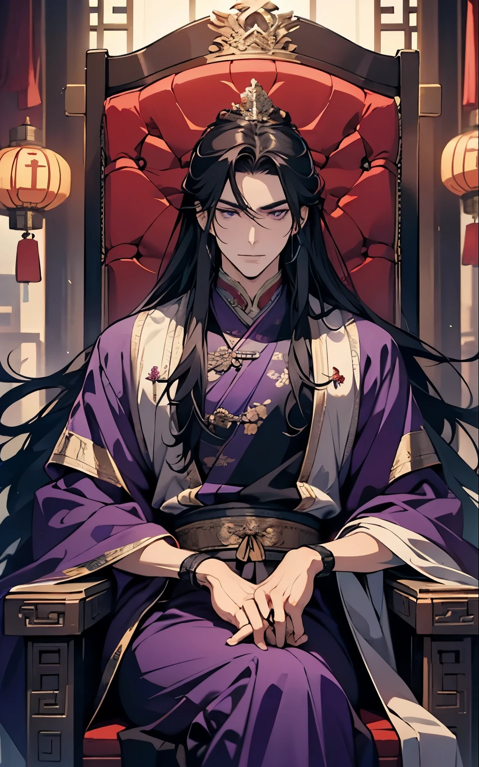1 middle-aged man, (45 years old), long black hair, violet eyes, chinese clothes, purple clothes, sitting chniese throne, purple chinese room