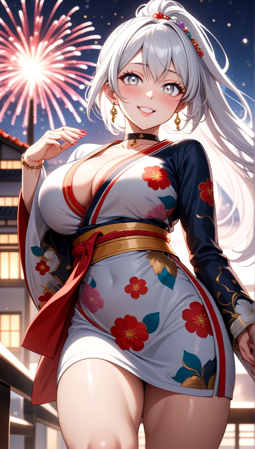 ((One personの女性)), Beautiful Face,Laughing shyly,((Wink:1.5)),Laugh with your mouth wide open((Bright red cheeks:1.4)),Glossy pink lips,night,rooftop,Festive decorations,You can see the ocean, firework,Laughing with your mouth open,Glossy pink lips,Lighting on the face,((Anime style background)),masterpiece, Highest quality, so beautiful,Latest, Complex details, (Pink long nails),(ring),(bracelet),(choker),AI-generated, Complex,High resolution, Highest quality, super high quality,3D Images、View your viewers、3D Images,One person,Long white hair,High Ponytail,(blue eyes),Anime woman posing for a photo, ((Fine grain、Silvery white colorful eyes、Shining Eyes:1.4)),(Squint your eyes:1.1),a hyperRealistic , hyperRealistic , Realistic,Anime woman with long and white hair, Smooth anime CG art, A woman in a colorful kimono with gold embroidery, (Black long sleeve kimono),Red floral pattern,Long flower hair ornament,Big earrings,Mature Body,(Big Breasts:1.1),Tall,Abdominal muscles,Narrow waist,(Zoom in on face:1.7),Shooting from below at an angle