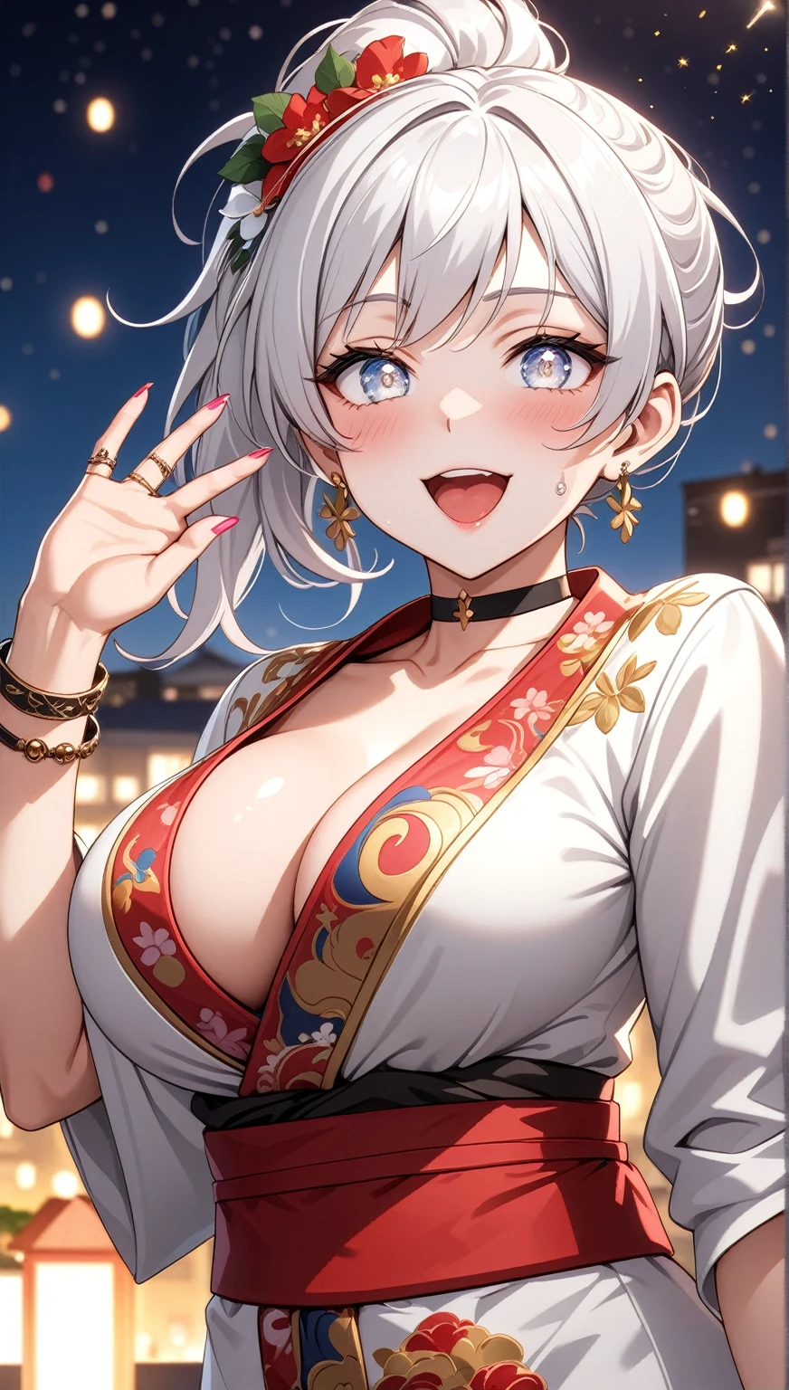 ((One personの女性)), Beautiful Face,Laughing shyly,((Wink:1.5)),Laugh with your mouth wide open((Bright red cheeks:1.4)),Glossy pink lips,night,rooftop,Festive decorations,You can see the ocean, firework,Laughing with your mouth open,Glossy pink lips,Lighting on the face,((Anime style background)),masterpiece, Highest quality, so beautiful,Latest, Complex details, (Pink long nails),(ring),(bracelet),(choker),AI-generated, Complex,High resolution, Highest quality, super high quality,3D Images、View your viewers、3D Images,One person,Long white hair,High Ponytail,(blue eyes),Anime woman posing for a photo, ((Fine grain、Silvery white colorful eyes、Shining Eyes:1.4)),(Squint your eyes:1.1),a hyperRealistic , hyperRealistic , Realistic,Anime woman with long and white hair, Smooth anime CG art, A woman in a colorful kimono with gold embroidery, (Black long sleeve kimono),Red floral pattern,Long flower hair ornament,Big earrings,Mature Body,(Big Breasts:1.1),Tall,Abdominal muscles,Narrow waist,(Zoom in on face:1.7),Shooting from below at an angle