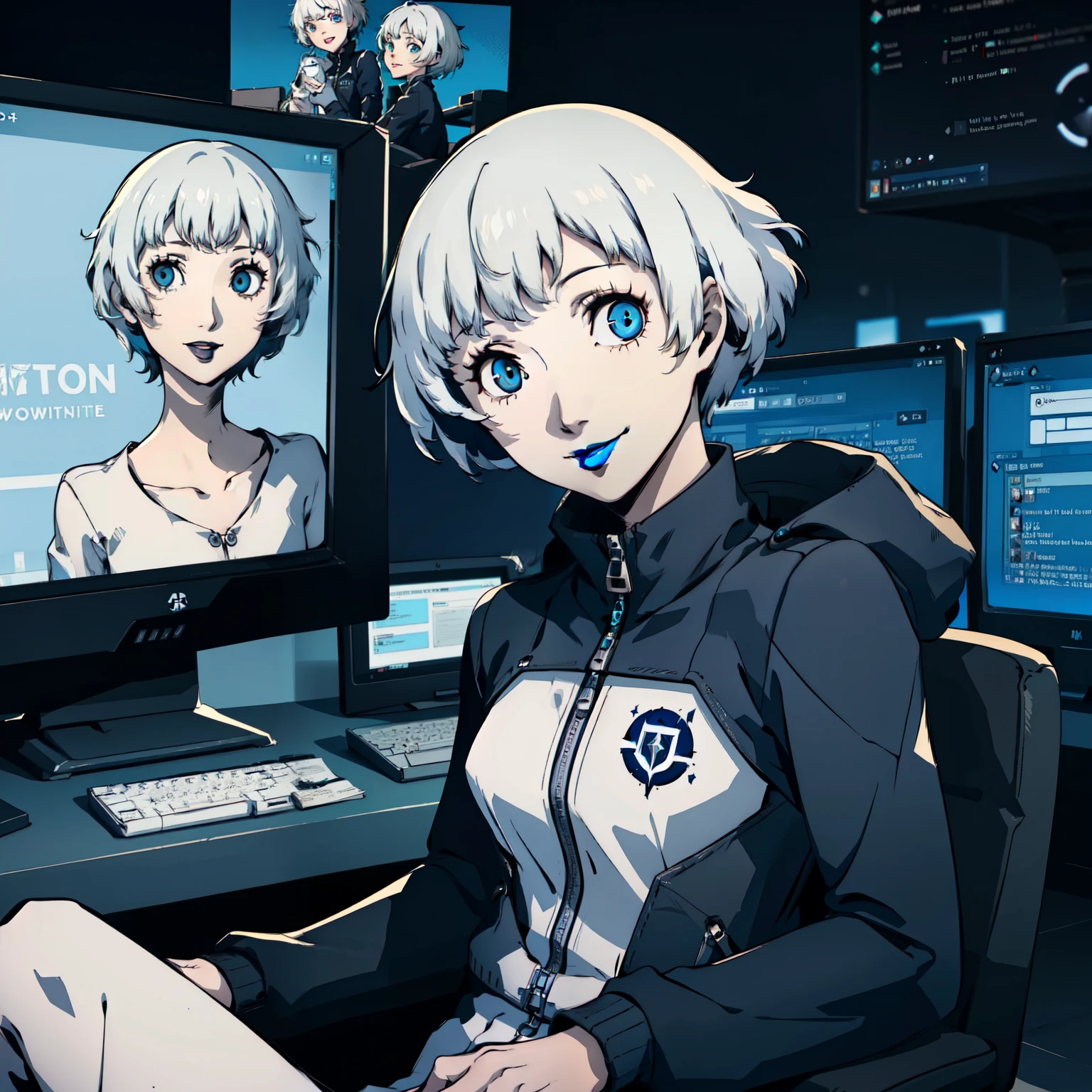 ((1 girl)), blue eyes, very Short hair, black lipstick, white hair, female , tomboy Pixie haircut, deep blue suit, white hair, white hair,,smiling,hacker,in the,dark room,sitting,looking monitor