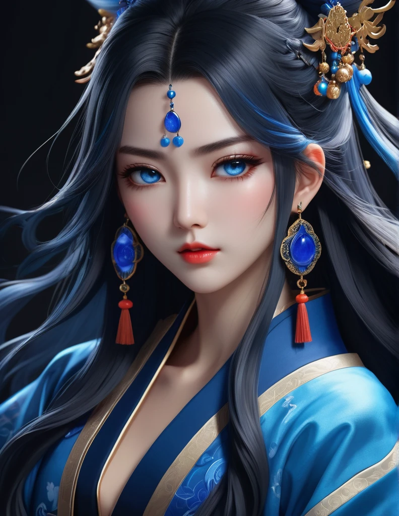 quality(8k wallpaper of extremely detailed CG unit, masterpiece, hight resolution, top-quality, top-quality real texture skin,hyper realisitic, digitial painting,increase the resolution,RAW photos,best qualtiy,highly detailed,the wallpaper),BREAK,8K, half face, onmyoji-style art, blue long hair, gray eyes, robe, black background, blue jewelry