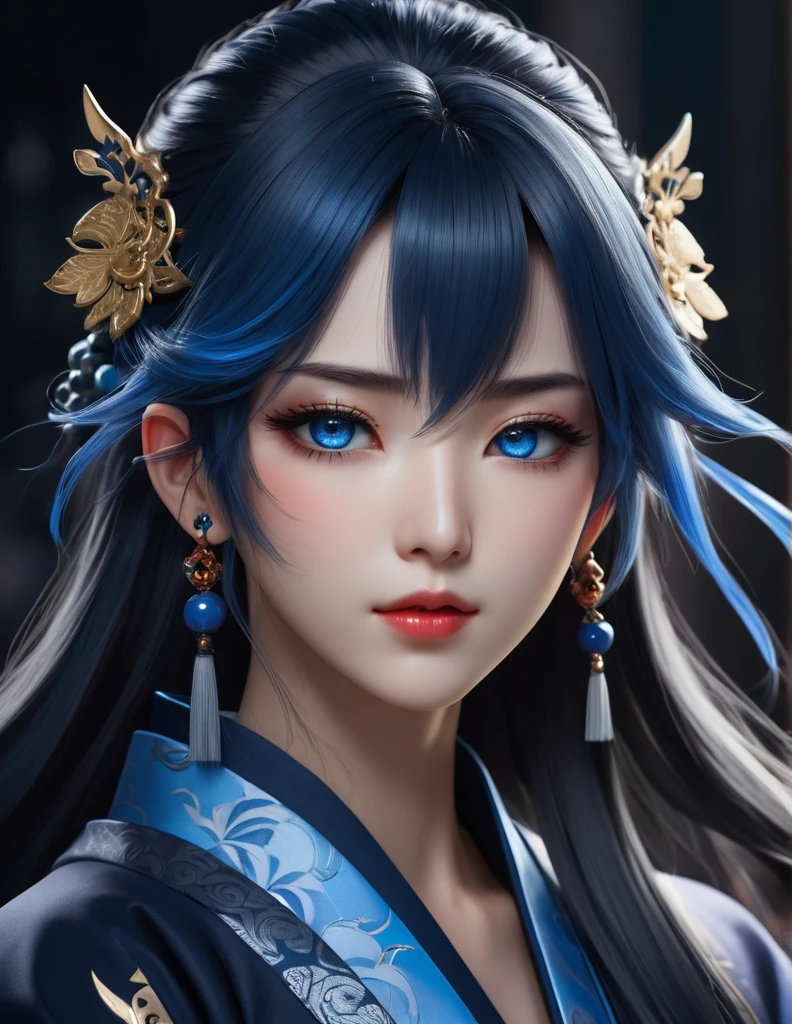 quality(8k wallpaper of extremely detailed CG unit, ​masterpiece, hight resolution, top-quality, top-quality real texture skin,hyper realisitic, digitial painting,increase the resolution,RAW photos，best qualtiy,highly detailed,the wallpaper),BREAK,8K, half face, onmyoji-style art, blue long hair, gray eyes, robe, black background, blue jewelry 