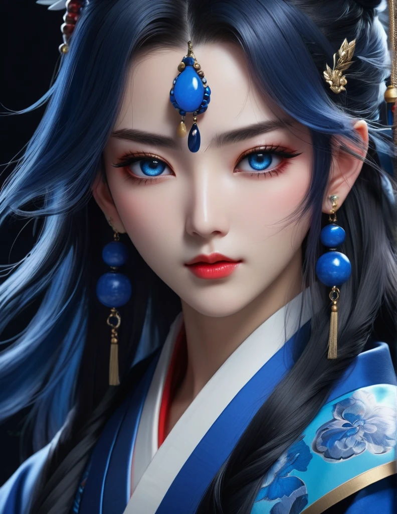 quality(8k wallpaper of extremely detailed CG unit, masterpiece, hight resolution, top-quality, top-quality real texture skin,hyper realisitic, digitial painting,increase the resolution,RAW photos,best qualtiy,highly detailed,the wallpaper),BREAK,8K, half face, onmyoji-style art, blue long hair, gray eyes, robe, black background, blue jewelry