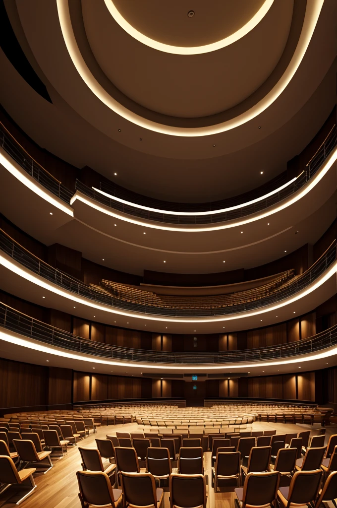 Create an image of a curved auditorium with chairs, interior view, that looks like a more realistic architectural render, the lights are circular LED spotlights.