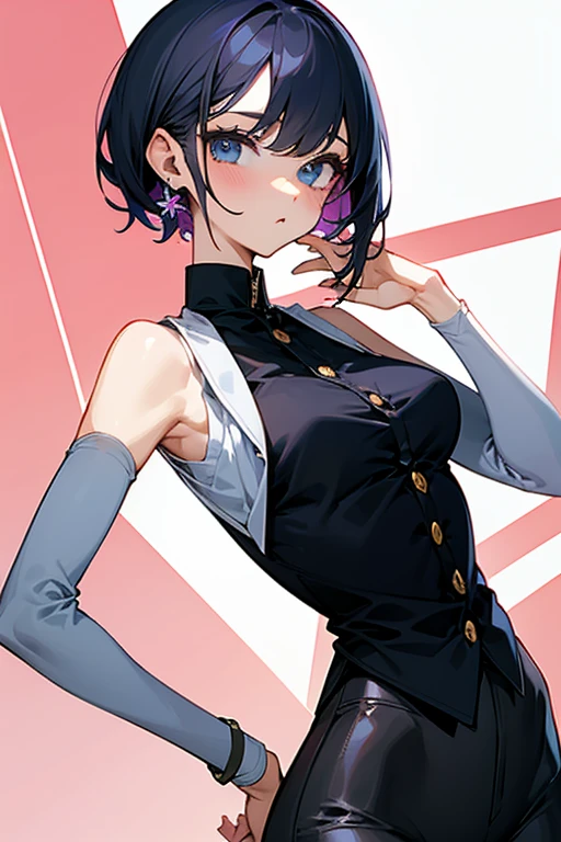 beautiful girl、Office Casual Fashion、Sleeveless high neck shirt、Tight pants style、slender、Model Body Type、Ideal Style、 Slim and cute、No buttons、Put on a bolero、黒いトップス、白いボトムス