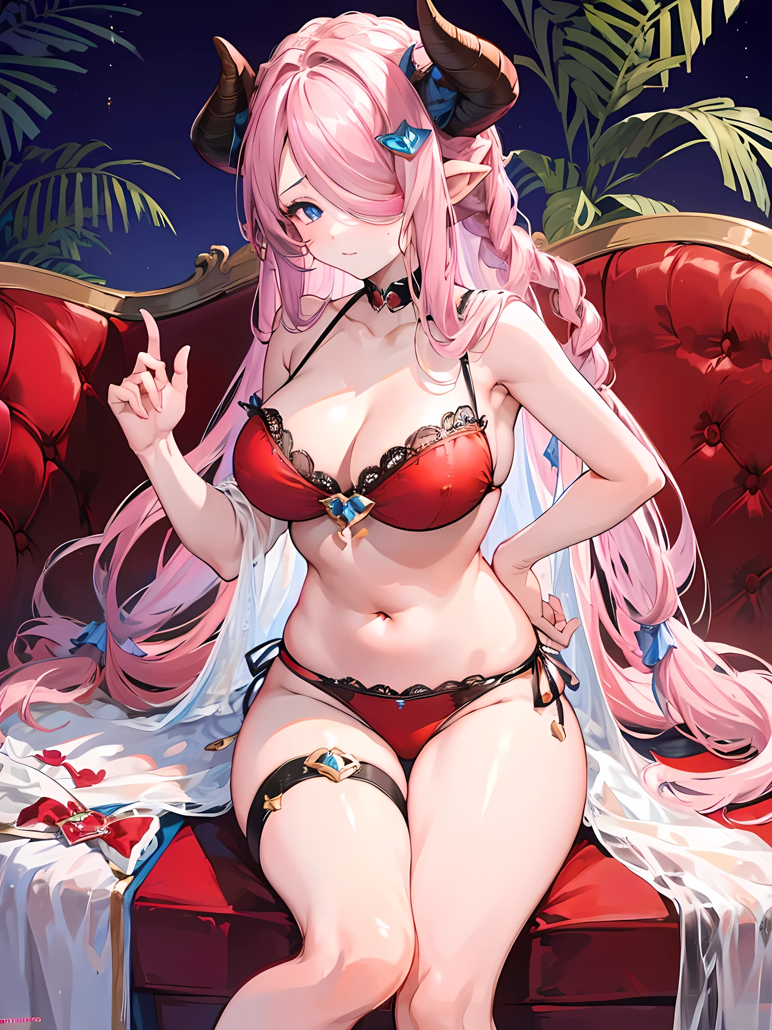 Narmaya posing for a sexy photoshoot on a red couch. She's wearing blue lingerie. blue lingerie, red couch, sexy pose, photoshoot, seductive, erotic,