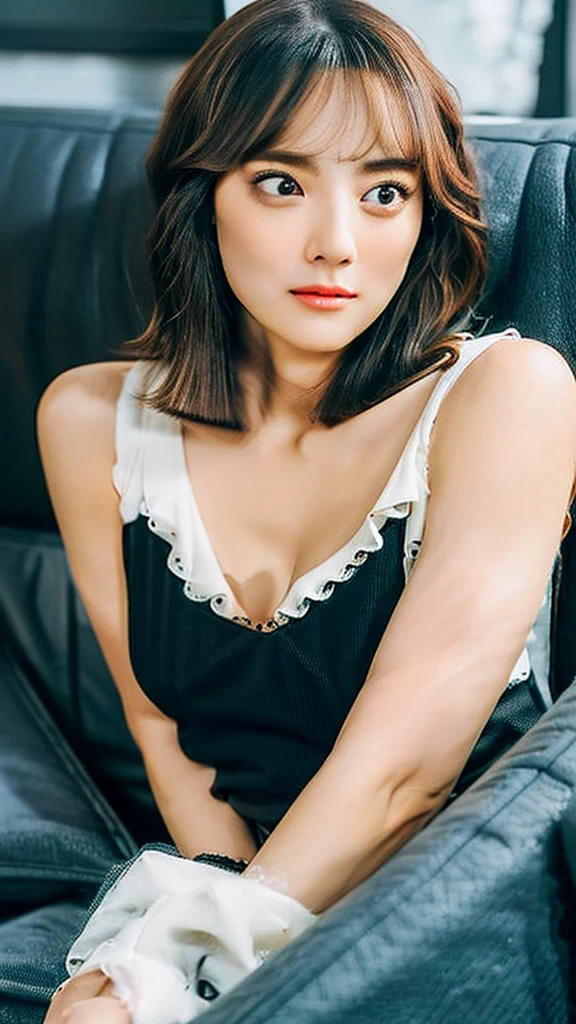 ((Best Quality, 8K, Masterpiece: 1.3)), Focus: 1.2, (Movie Filter: 1.3) Perfect Body Beauty: 1.4, Buttocks: 1.2, (Layered Haircut: 1.2)), , (Sitting on the Sofa: 1.3), Realistic Face and Skin Texture, Full Body, Fine Eyes, Double Eyelids, Long Hair, (Round Face: 1.5), (Black Top: 1.6), Cleavage,