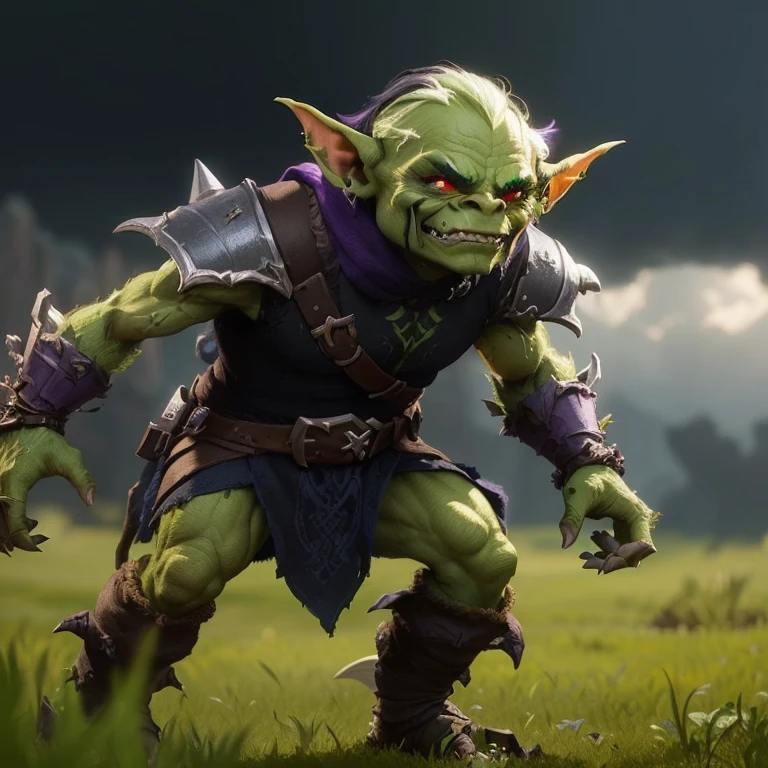 Close-up of a green troll wearing a purple scarf, moralityrak fantasy goblin, Personagem pequeno. Unreal Engine 5, Clash Royale Goblin, Fairy的肖像, memoralityium Fairy的肖像, Fairy艺术, Unreal Engine Character Art, morality&morality goblin rogue, moralityog - facemorality muscular goblin, Fairy, orc looking into the camera, hypermoralityetailemorality fantasy character