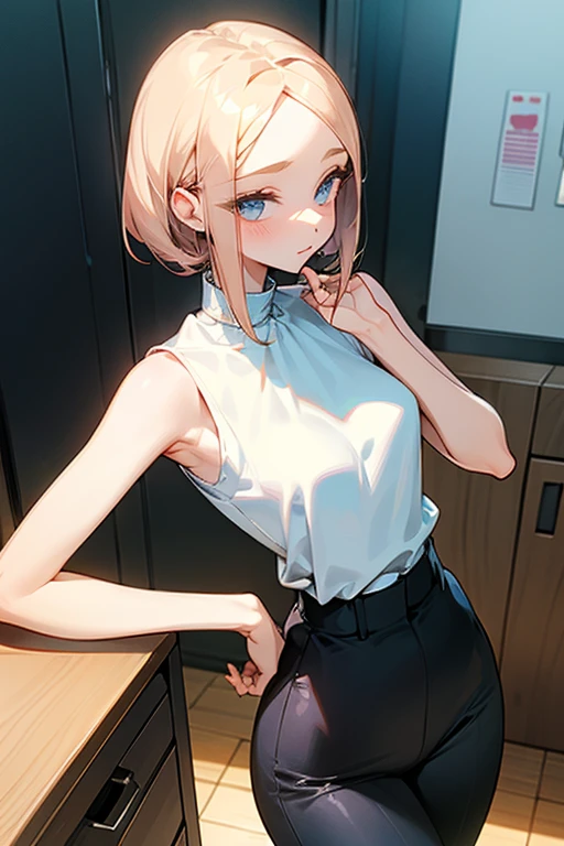 beautiful girl、Office Casual Fashion、Sleeveless high neck blouse、Stall、Tight pants style、slender、Model Body Type、Ideal Style、 women、Slim and cute、ピクシーカット、オフィス