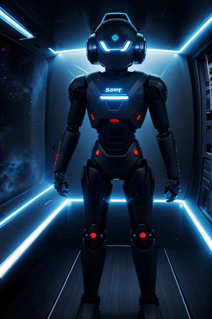 Robot with laser gun, standing in space ship, glowing eye, look scary, dark theme
