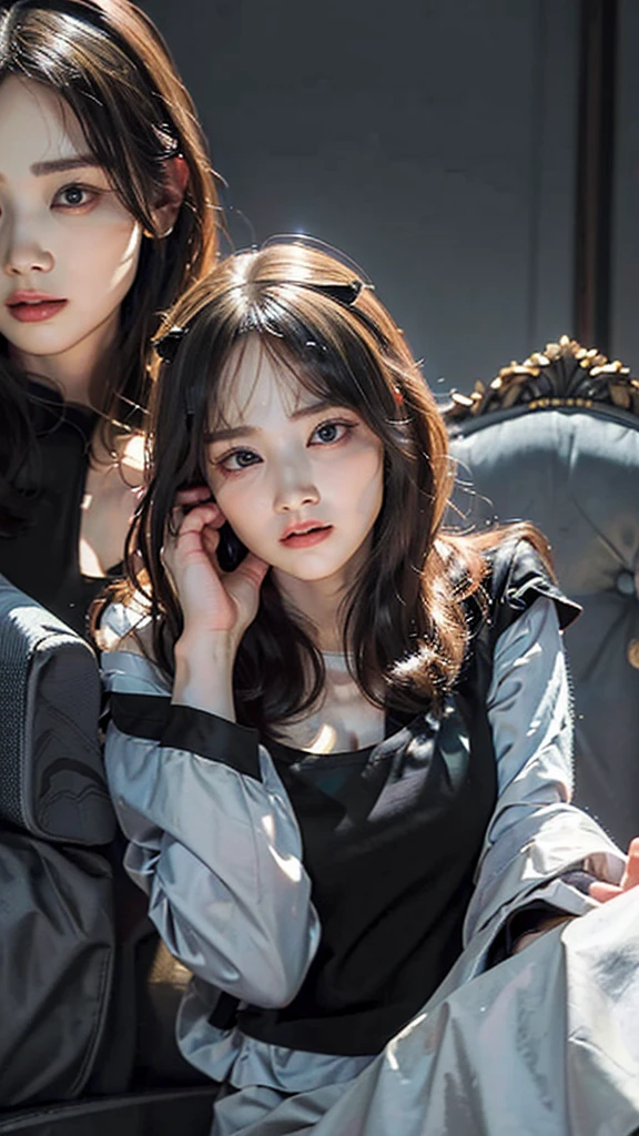 ((Best Quality, 8K, Masterpiece: 1.3)), Focus: 1.2, (Movie Filter: 1.3) Perfect Body Beauty: 1.4, Buttocks: 1.2, (Layered Haircut: 1.2)), , (Sitting on the Sofa: 1.3), Realistic Face and Skin Texture, Full Body, Fine Eyes, Double Eyelids, Long Hair, (Round Face: 1.5), (Black Top: 1.6), Cleavage,
