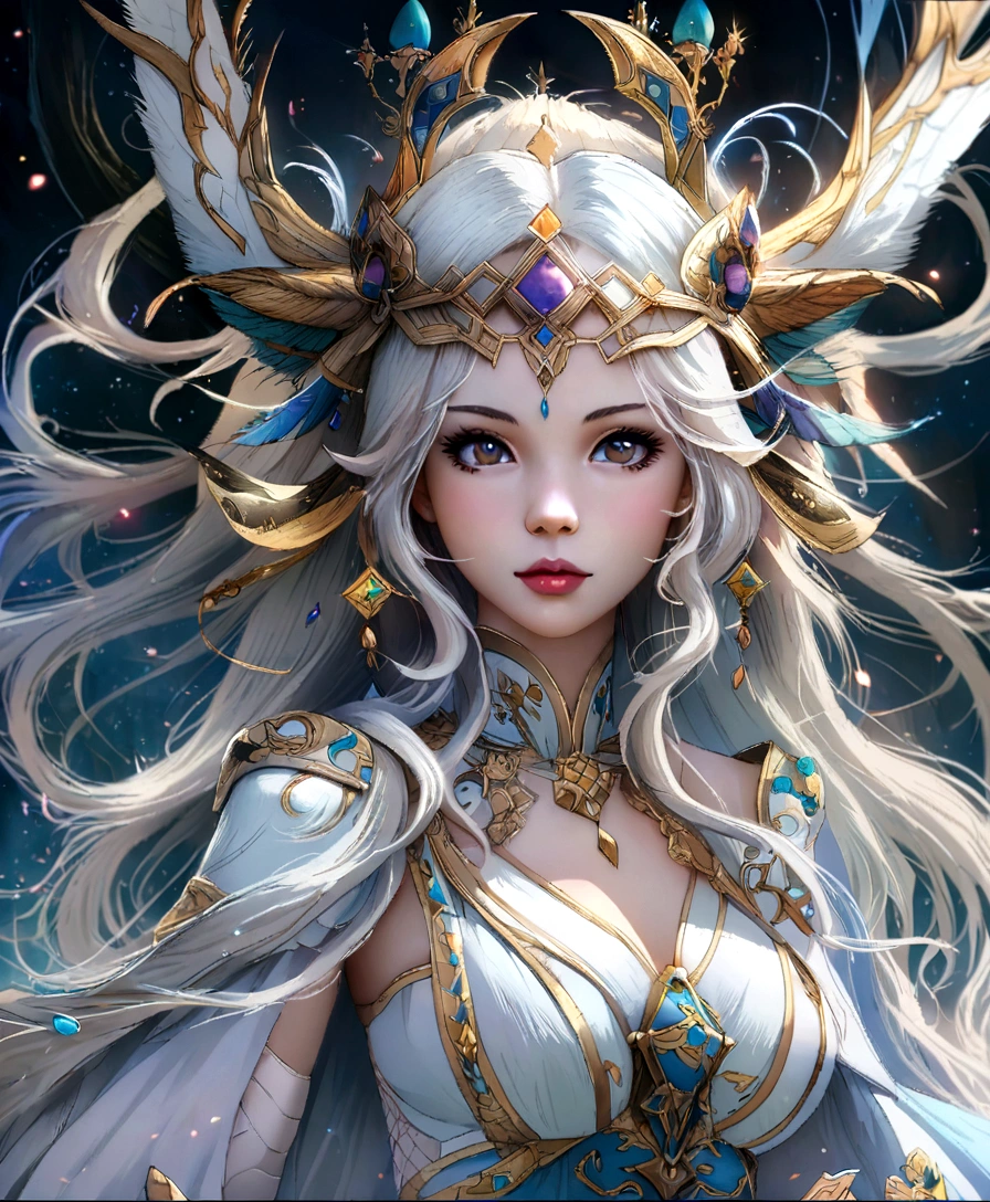 Woman with white hair，Hand holding up a scepter，The sun and the moon appear in the sky Woman with white hair，Hand holding up a scepter，The sun and the moon appear in the sky 
