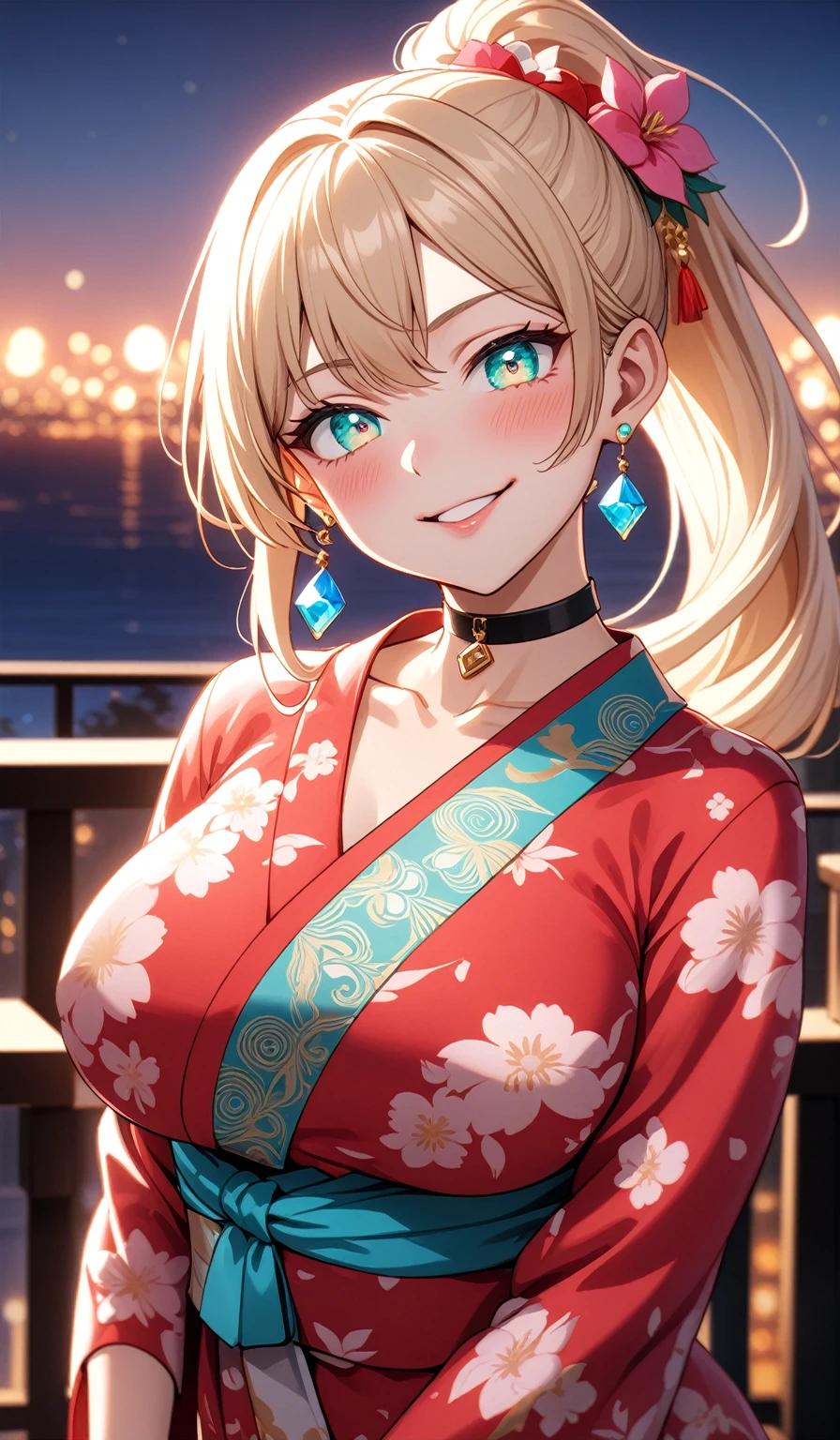 ((One personの女性)), Beautiful Face,Laughing embarrassedly,((Wink:1.5)),Laugh with your mouth wide open((Bright red cheeks:1.4)),Glossy pink lips,night,rooftop,Festive decorations,You can see the ocean, firework,Laughing with your mouth open,Glossy pink lips,Lighting on the face,((Anime style background)),masterpiece, Highest quality, so beautiful,Latest, Complex details, (Pink long nails),(ring),(bracelet),(choker),AI-generated, Complex,High resolution, Highest quality, super high quality,3D Images、View your viewers、3D Images,One person,Long blonde hair,High Ponytail,(Turquoise Eyes),Anime woman posing for a photo, ((Fine grain、Colorful Eyes、Shining Eyes:1.4)),(Squint your eyes:1.1),a hyperRealistic , hyperRealistic , Realistic,Anime woman with long and white hair, Smooth anime CG art, A woman in a colorful kimono with gold embroidery, (Pink long sleeve kimono),Red floral pattern,Long flower hair ornament,big floral earrings,Mature Body,(Big Breasts:1.1),Tall,Abdominal muscles,Narrow waist,(Zoom in on face:1.7),Shooting from below at an angle