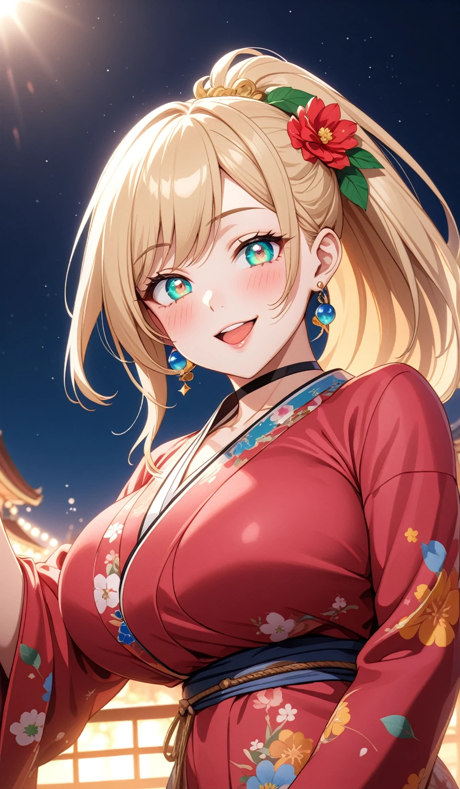 ((One personの女性)), Beautiful Face, ((Laughing embarrassedly)),((Wink:1.7)), (head tilt), Laugh with your mouth wide open,((Bright red cheeks:1.4)),Shiny red lips,night,rooftop,You can see the ocean, firework,Laughing with your mouth open,Glossy pink lips,Facial lighting,((Anime style background)),masterpiece, Highest quality, so beautiful,up to date, Complex details, (Pink long nails),(ring),(bracelet),(choker),AI-generated, Complex,High resolution, Highest quality, super high quality,3D Images、3D Images,One person,Long blonde hair,High Ponytail,(turquoise blue eyes),Anime woman posing for a photo, ((Fine grain、Colorful eyes、Shining Eyes:1.3)),(Squint your eyes:1.1),a hyperRealistic , hyperRealistic , Realistic,Anime woman with long white hair, Smooth anime CG art, A woman in a colorful kimono with gold embroidery, (Pink long sleeve kimono),Red floral pattern,Long flower hair ornament,Earrings,Mature Body,(Big Breasts:1.1),Tall,Abdominal muscles,Tight waist,(Zoom up to face:1.4),(front view),