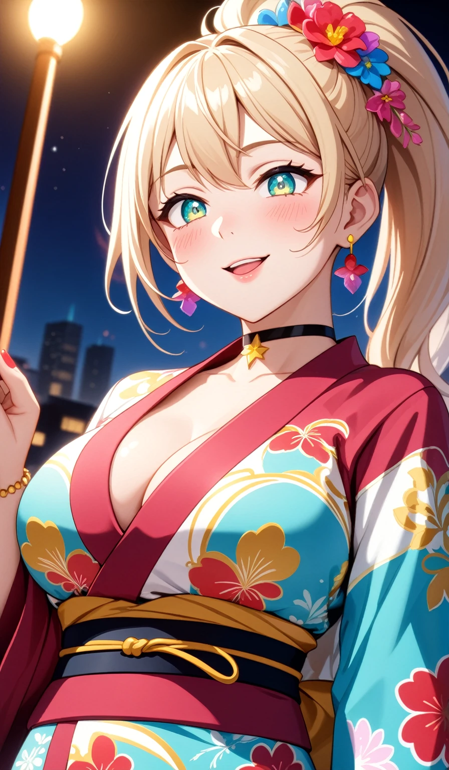 ((One personの女性)), Beautiful Face,Laughing embarrassedly,((Wink:1.5)),Laugh with your mouth wide open((Bright red cheeks:1.4)),Glossy pink lips,night,rooftop,Festive decorations,You can see the ocean, firework,Laughing with your mouth open,Glossy pink lips,Lighting on the face,((Anime style background)),masterpiece, Highest quality, so beautiful,Latest, Complex details, (Pink long nails),(ring),(bracelet),(choker),AI-generated, Complex,High resolution, Highest quality, super high quality,3D Images、View your viewers、3D Images,One person,Long blonde hair,High Ponytail,(Turquoise Eyes),Anime woman posing for a photo, ((Fine grain、Colorful Eyes、Shining Eyes:1.4)),(Squint your eyes:1.1),a hyperRealistic , hyperRealistic , Realistic,Anime woman with long and white hair, Smooth anime CG art, A woman in a colorful kimono with gold embroidery, (Pink long sleeve kimono),Red floral pattern,Long flower hair ornament,big floral earrings,Mature Body,(Big Breasts:1.1),Tall,Abdominal muscles,Narrow waist,(Zoom in on face:1.7),Shooting from below at an angle