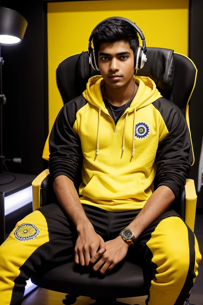 The 17-year-old dedicated Indian boy is looking forward and sitting on a black gaming chair with yellow highlights, wearing a modern white hoodie. Oh, he is in a big studio, wearing headphones, with a setup full studio