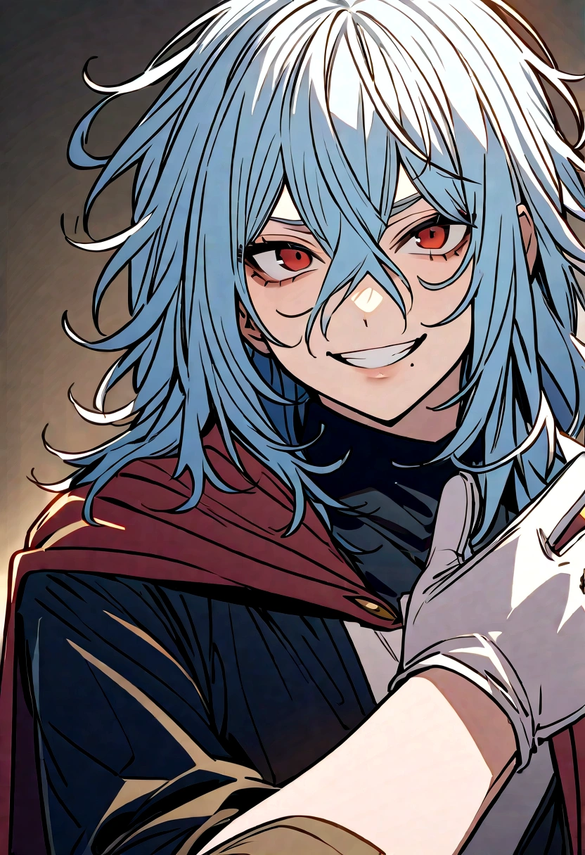 tomura_shigaraki, blue hair, red eyes, bangs, hair between eyes, scar, scar on face
tomura_shigaraki, blue hair, bangs, hair between eyes, scar, scar on face, gloves, white gloves, disembodied limb, covering face
tomura_shigaraki, white hair, red eyes, messy hair, gloves, red cape
tomura_shigaraki, white hair, red eyes, long hair, messy hair, cloak, cape
teeth
smile
grin
mole under mouth