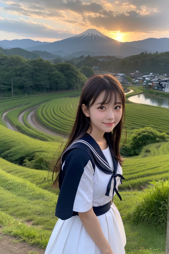(1 Girl )、(Beautiful Japanese、18years old,round face、Refreshing、clear、seems kind、stylish、Pitiful、cute like an angel、cute、black eyes、,actress,Almond-shaped eyes,Translucent white skin、Beautiful skin), {(Japan human face:1.4)} , (((Beautiful breasts:0.4))),(((soft breasts))),(very cute),(Black hair),(enchanting eyes),(highlight on eyes:1.2)、(8K、Live shooting、highest quality、masterpiece:1.2、optimal lighting)、((masterpiece)),(Photo taken by a professional photographer),(real、photo real:1.4),break,{(cute Japanese high school sailor uniform),((traditional Sailor Suit:1.0))},(cheeks are red:1.3), break, break,Face shot:1.3、 face close-up,Looking at viewer、From above,happy,Little smile,Rice field road,evening、Japanese countryside,evening、sunset、、cumulonimbus,wood々,A fresh breeze、Hair swaying in the wind、Mountains in the distance々,Sunset