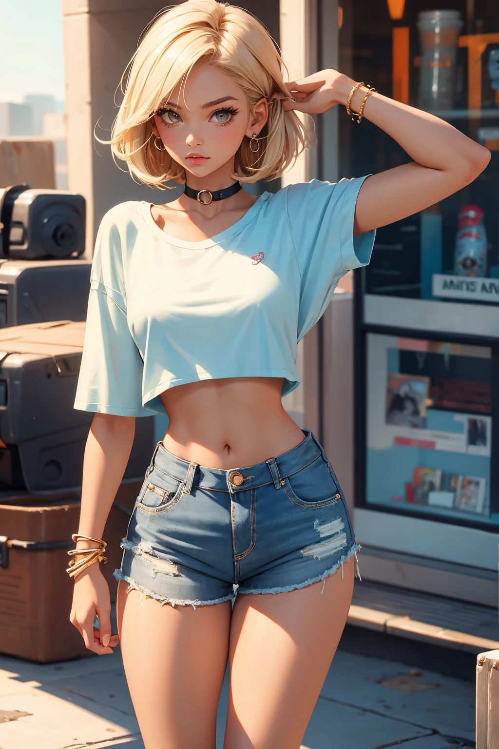 Teenage girl-model 18 years old, beautiful, tanned, blonde, bob hair, bangs, brown eyes, beautiful figure, girl wearing crop shirt and too short mini shorts, beautiful long legs, slave bracelets, slave choker, manicure, cute makeup, flirtatiously posing, hot summer, hot flirty, sexy posing, summer outfit, top quality, higest quality, pin-up style, retro 80s style, Daisy Dukes style, slave girl, Miami vibes
