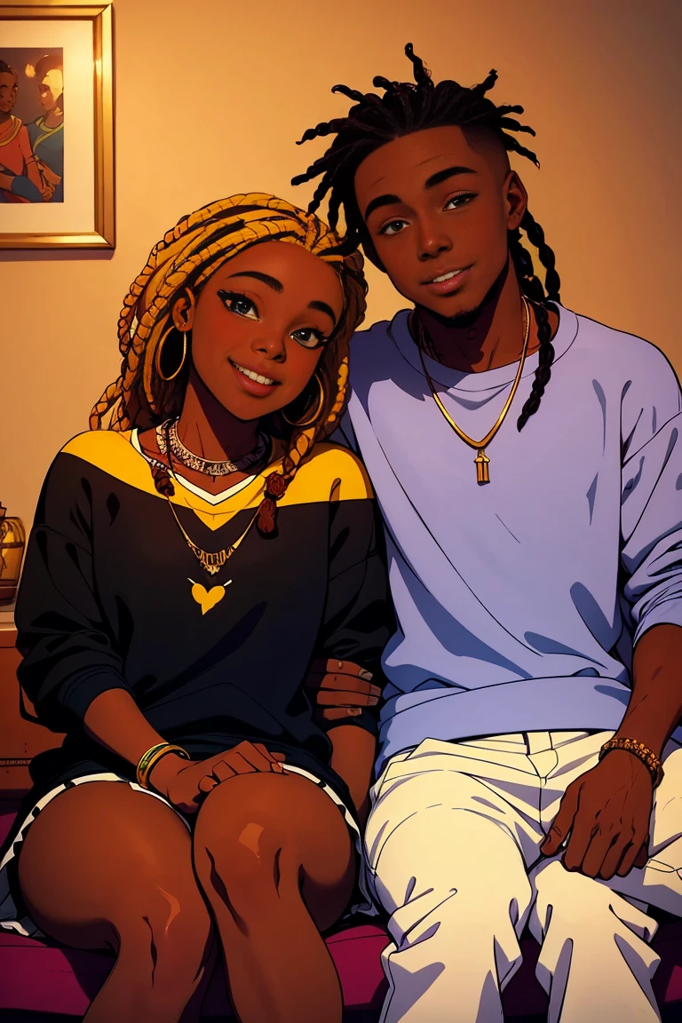  image that celebrates love between dark skin couples. black boy and girl, Spanish, matching sweatshirt, beautiful detailed eyes, boy with Dreadlocks tied back, girl with african braids, room setting, vibrant colors, couple pose, smiling at each other, natural lighting, realistic, high resolution, rich texture, youthful energy, romantic scene, upclose,