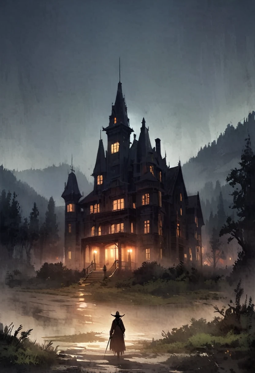 Western style、Western、A large old Western-style mansion、Dark atmosphere、scenery、building、night、in the forest、Creepy、suspicious、No lights on、blackout
