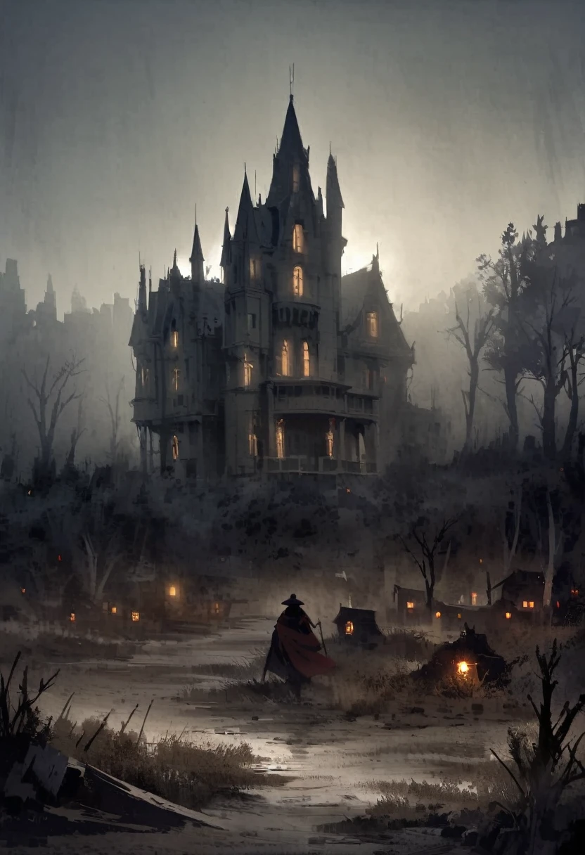Western style、Western、A large old Western-style mansion、Dark atmosphere、scenery、building、night、in the forest、Creepy、suspicious、No lights on、blackout