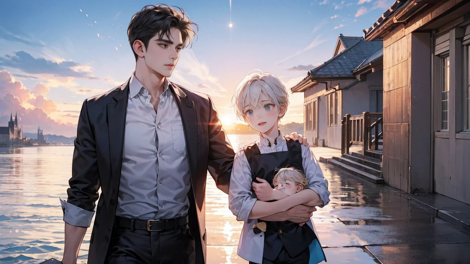 (Highly detailed CG Unity 8k wallpaper), The most beautiful works of art in the world, masterpiece, Highest quality, {Highest quality}, {{masterpiece}}, {High resolution}, Happy parent-child scene。The resurrected form of Emperor Constantine and the twins Crispus and Fausta.、Father and son landscape。「Arles, France、Under the clear blue sky、A summer evening where a stylish modern mansion shines。As the bright sunlight envelopes the sea and the mansion、A young father in his 30s hugs his twin sons tightly and warmly on his way home from work。The father&#39;s face was filled with deep love and forgiveness.、I can see the look of relief on his face, having overcome his past mistakes.。The children have innocent, naive smiles、He buried his face in his father&#39;s shoulder and looked relieved.。Light and shadow gently intersect、A scene that creates a warm and moving atmosphere overall.。」Love。Love, forgiveness, healing and purification。Detailed and delicate。lyrical。Heartful。Romance novel binding